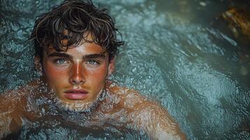 Young man enjoying a tranquil swim in a natural pool surrounded by rocky formations under soft sunlight in a serene landscape photo