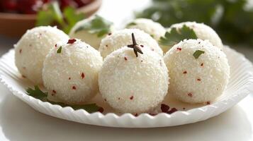 Deliciously crafted coconut and cheese balls garnished with herbs, served on a white plate in a bright kitchen setting photo