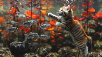 A playful kitten leaps into a colorful aquarium filled with curious fish among vibrant aquatic plants in a serene setting photo
