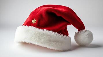 A festive red Santa hat with a soft white trim and golden star sits against a plain background, ready for holiday celebrations and joyful gatherings photo