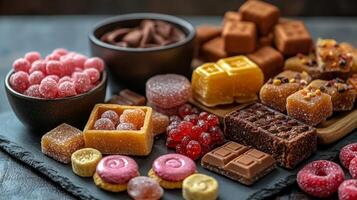 Indulging in a colorful assortment of delightful candies and sweets on a rustic wooden surface during an afternoon gathering photo