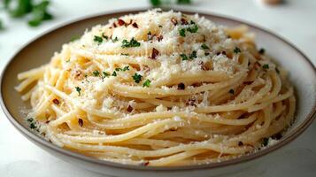 Delicious spaghetti topped with cheese and herbs served on a rustic table with a touch of elegance photo