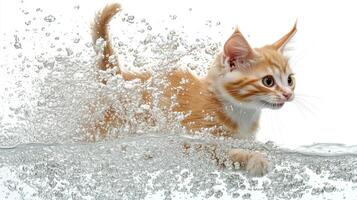 A playful orange kitten splashes joyfully in a sparkling pool of water during a sunny afternoon of fun and exploration photo
