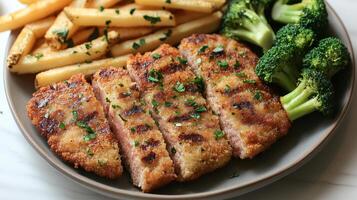 A delicious plate of crispy breaded pork chops with golden fries and steamed broccoli enjoyed at a cozy dinner setting photo