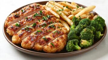 Juicy grilled chicken breast served with crispy fries and fresh broccoli on a rustic plate photo