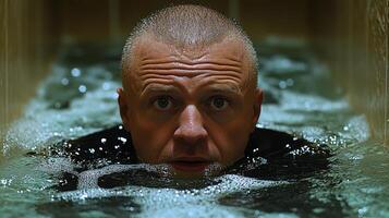 A man emerges from shimmering water in a serene pool, capturing a moment of stillness and contemplation at twilight photo