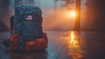 A sturdy backpack stands alone in a moody forest, illuminated by the warm glow of sunset photo