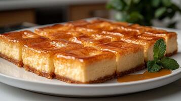 Sweet caramel flan dessert squares served on a platter, surrounded by greenery in a warm setting photo