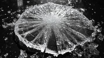 Fragments of glass lay scattered, creating an artistic display of reflections and shapes photo
