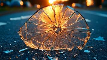 Fragments of glass reflect the warm sunset light on a deserted roadway, creating a striking visual photo