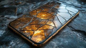 A broken smartphone screen displays intricate patterns while reflecting warm light tones photo