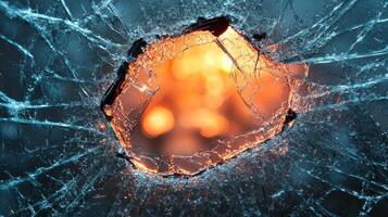 Fragmented glass creates an intriguing aperture, exposing a soft, warm light beyond photo