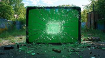 Shattered glass from a green screen lies across the ground in a lush, overgrown space photo