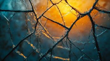 Glistening shards of glass capture warm sunset hues against a tranquil backdrop photo