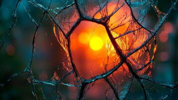 The sun sets in a blaze of color, shining through a delicate web of cracked glass photo