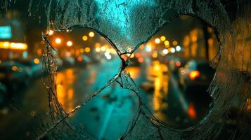 Raindrops cling to glass, shaping a heart, while city lights glow beyond in a cozy atmosphere photo