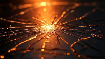 Warm golden light reveals intricate shattered glass patterns, creating stunning contrasts photo