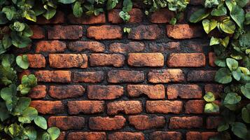 Red brick wall adorned with greenery creates a warm and inviting atmosphere outdoors photo