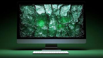 Bright green shards of glass create a dynamic texture on a dark screen, revealing creative artistry photo