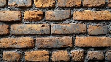 A close-up view of an aged brick wall, revealing its rich textures and warm colors photo
