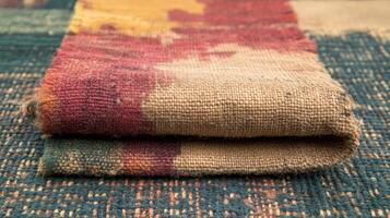 The colorful tapestry reveals a blend of textures and patterns, elegantly folded for display photo