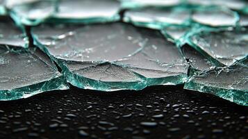 Tiny droplets of water rest on sharp shards of broken glass, reflecting light elegantly photo