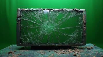 Shattered glass frames an old TV, lit by a vibrant green backdrop, sparking nostalgia photo