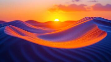 Waves of sand glisten under the fading sunlight, capturing a serene desert twilight moment photo