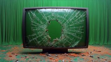 A shattered TV stands out against a vivid green background and scattered debris photo