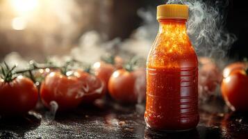 A bottle of rich tomato sauce stands amongst fresh tomatoes, steam rising in warm light photo