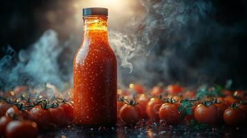 A vibrant bottle of sauce stands amidst ripe tomatoes, releasing steam in a cozy kitchen atmosphere photo