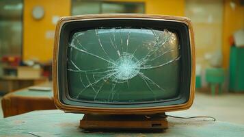 A retro television stands silently, its cracked screen reflecting a colorful past in a lively room photo