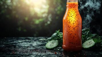 A vibrant bottle of spicy tomato juice sits amidst fresh cucumber slices and aromatic herbs photo