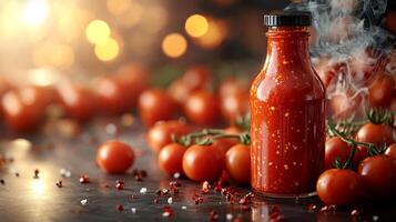 A bottle of vibrant tomato sauce rests on a table, surrounded by fresh tomatoes and spices photo