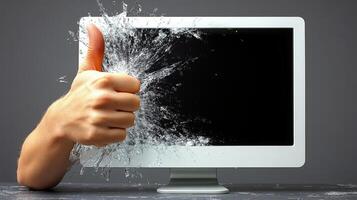 A hand breaks through a computer screen, signaling approval and enthusiasm in a bold display photo