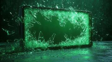 A broken green glass screen lies on a reflective surface, glowing softly in a dark environment photo