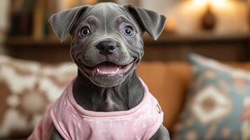 A cheerful puppy in a soft pink sweater smiles brightly, radiating happiness at home photo