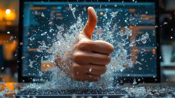 A hand gives a thumbs up as water splashes from a computer, representing achievement in innovation photo