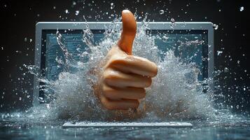 A hand appears from a splash of water, signaling approval in a dynamic work environment photo