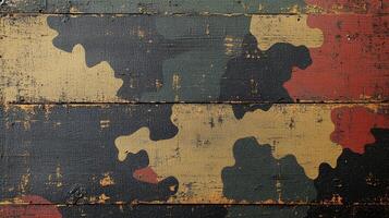 Richly textured wooden surface with a camouflage design in muted colors evokes artistic inspiration photo