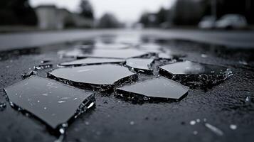Broken glass glistens on the wet asphalt, while heavy clouds loom above in a lonely town photo