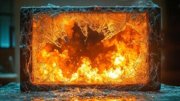 Fiery explosion radiates vivid colors while chaos reigns in the shattered surroundings photo