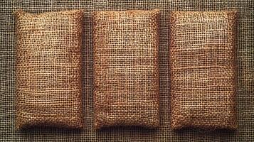 Three burlap bags rest on a rustic surface, showcasing their woven texture and natural hue photo