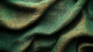 The lush green fabric cascades gently, revealing intricate textures and golden highlights photo