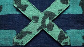A detailed view of a camo patch stands out against a textured blue fabric, highlighting artistry photo