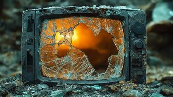 A broken television stands amidst debris, its screen reflecting a warm, glowing light photo