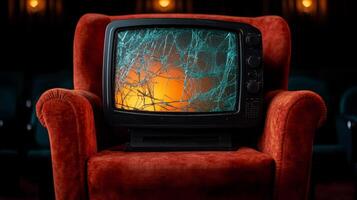 An old TV with a cracked screen sits in a cozy chair, sparking memories of cinema photo