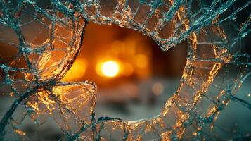 A circle of broken glass reflects a warm, flickering light in the backdrop, creating contrast photo