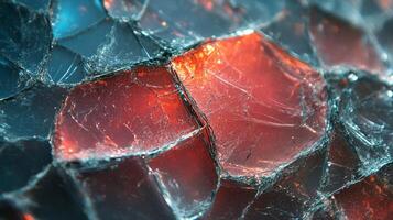 Shimmering fragments of glass in red and orange hues reflect the surrounding light artfully photo