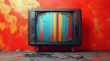 An old television with a cracked screen is placed on the floor, showcasing its vintage charm photo